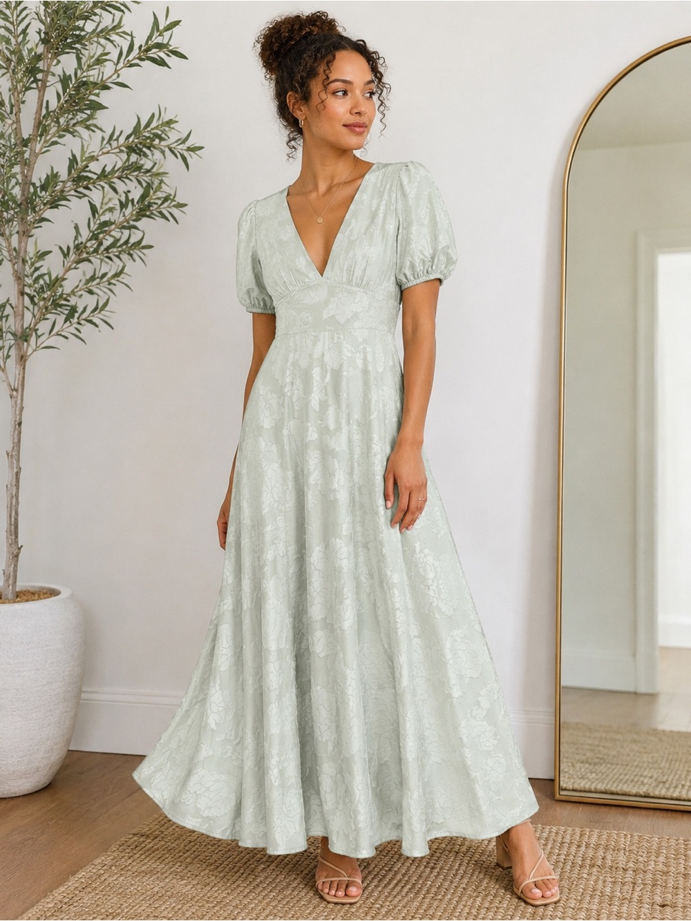 Adeline May Celia Floral Jacquard Maxi Dress Size Small Sea Foam Green